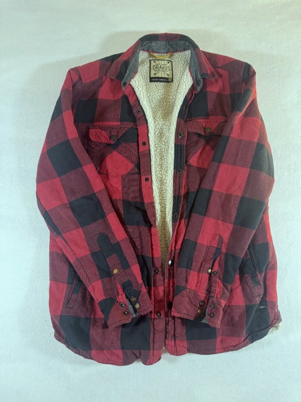 Dravus Mens M Red Black Buffalo Plaid Sherpa Lined Flannel Shacket Shirt Jacket
